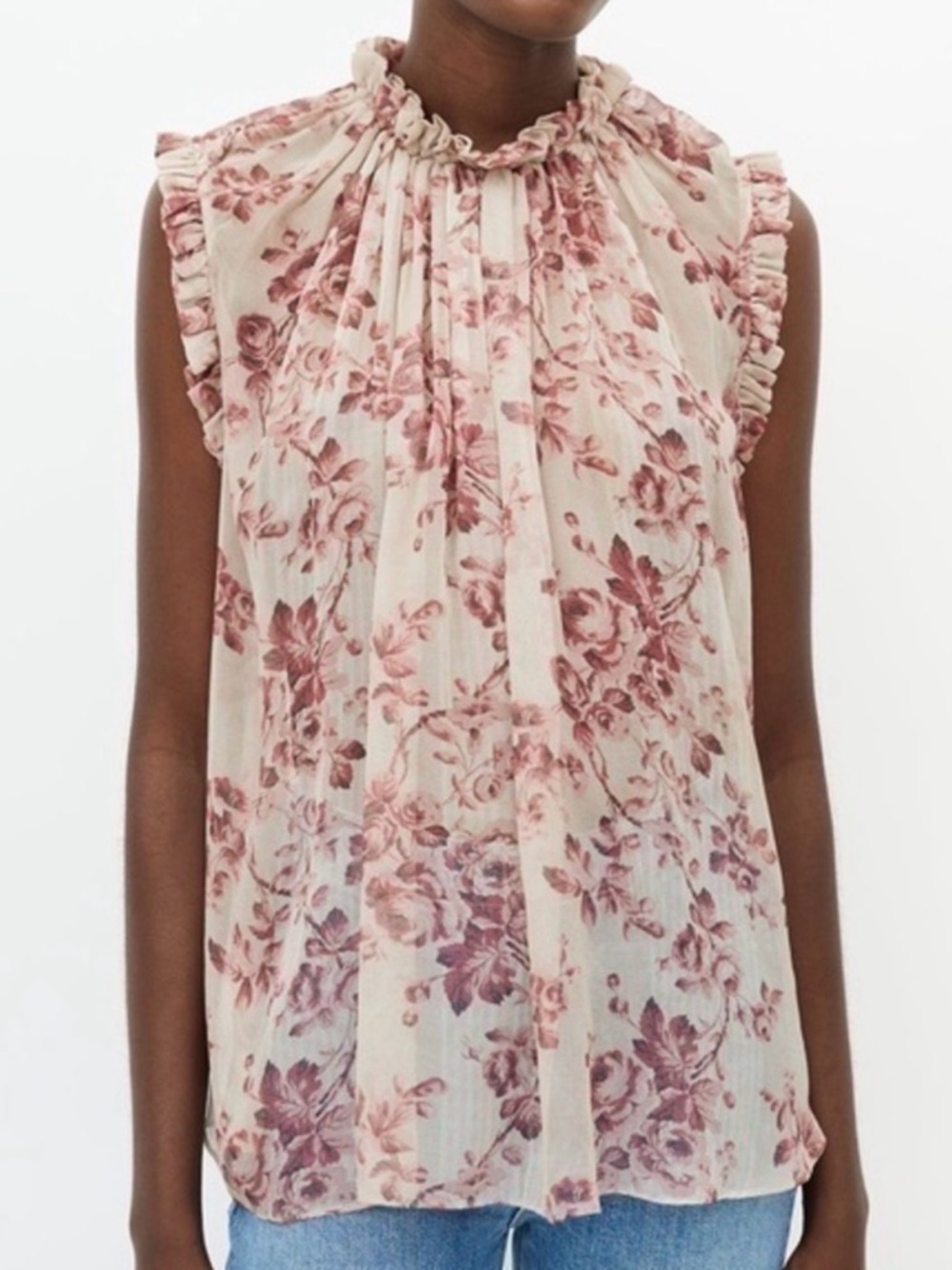 Zimmerman Sheer Sleeveless Floral Ruffle Neck Top - Cream with Rose Print